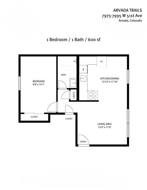 A floor plan for a one bedroom apartment with a bath and a living area.
